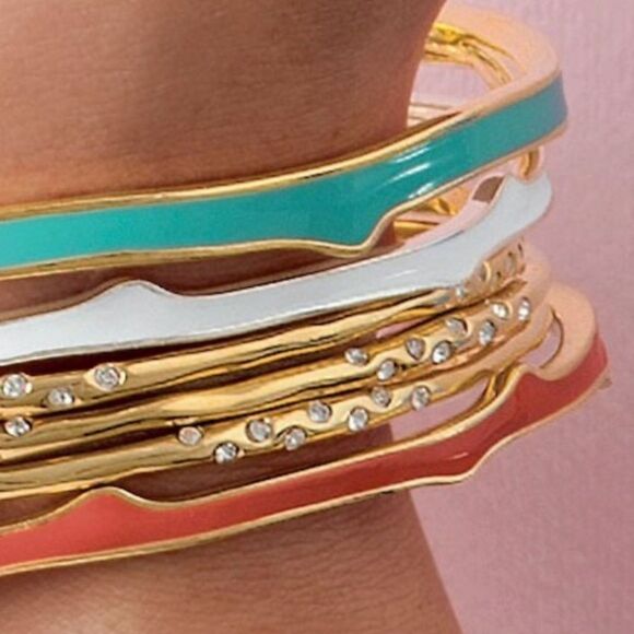 Stella & Dot Carrie Enamel Bangle Bracelet Set • Vintage Orange Teal Ivory - Picture 2 of 7